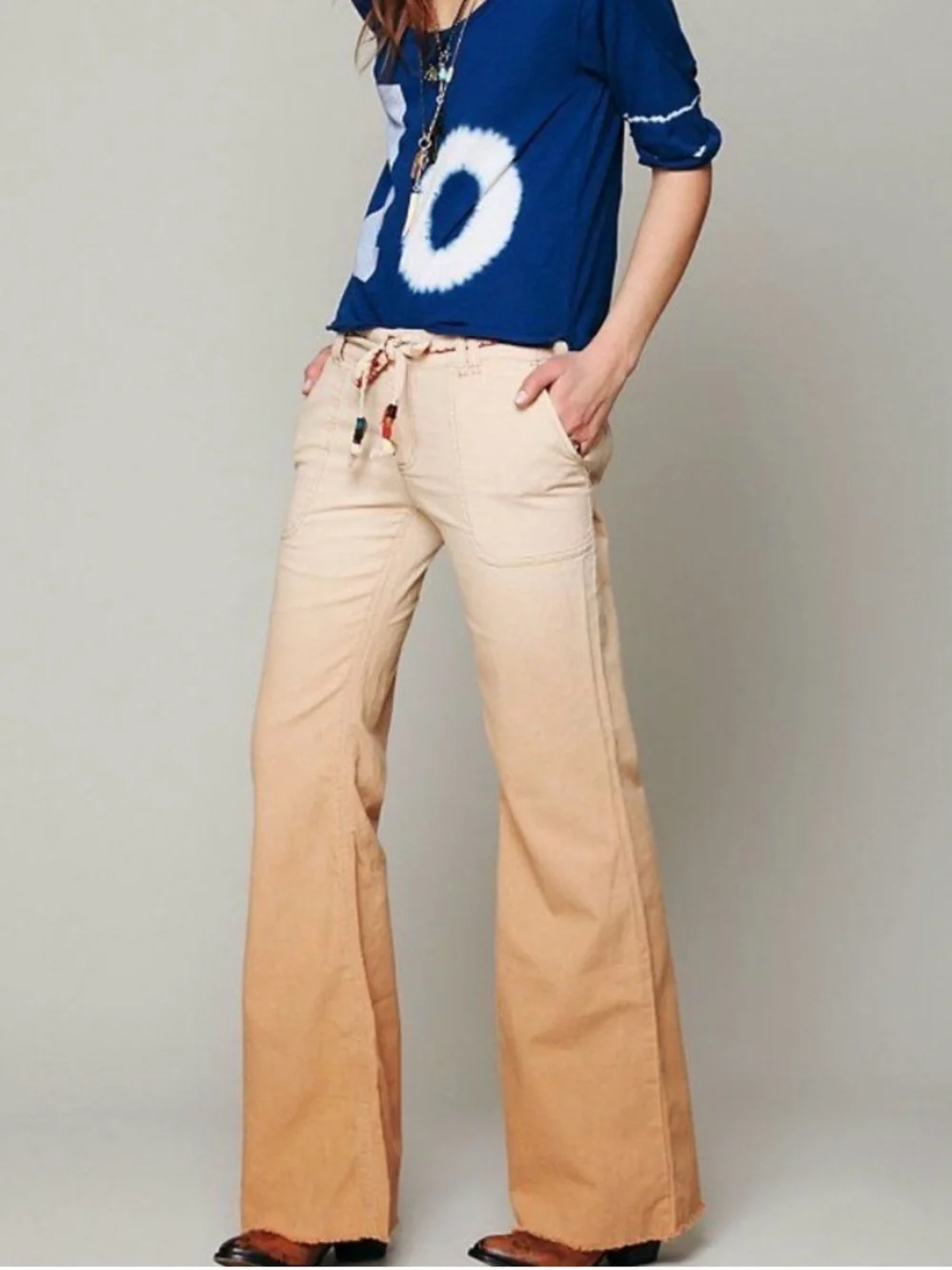 Free People Ombré Linen Blend Flare Bootcut Boho Pants Tan / Orange Rust Size 6